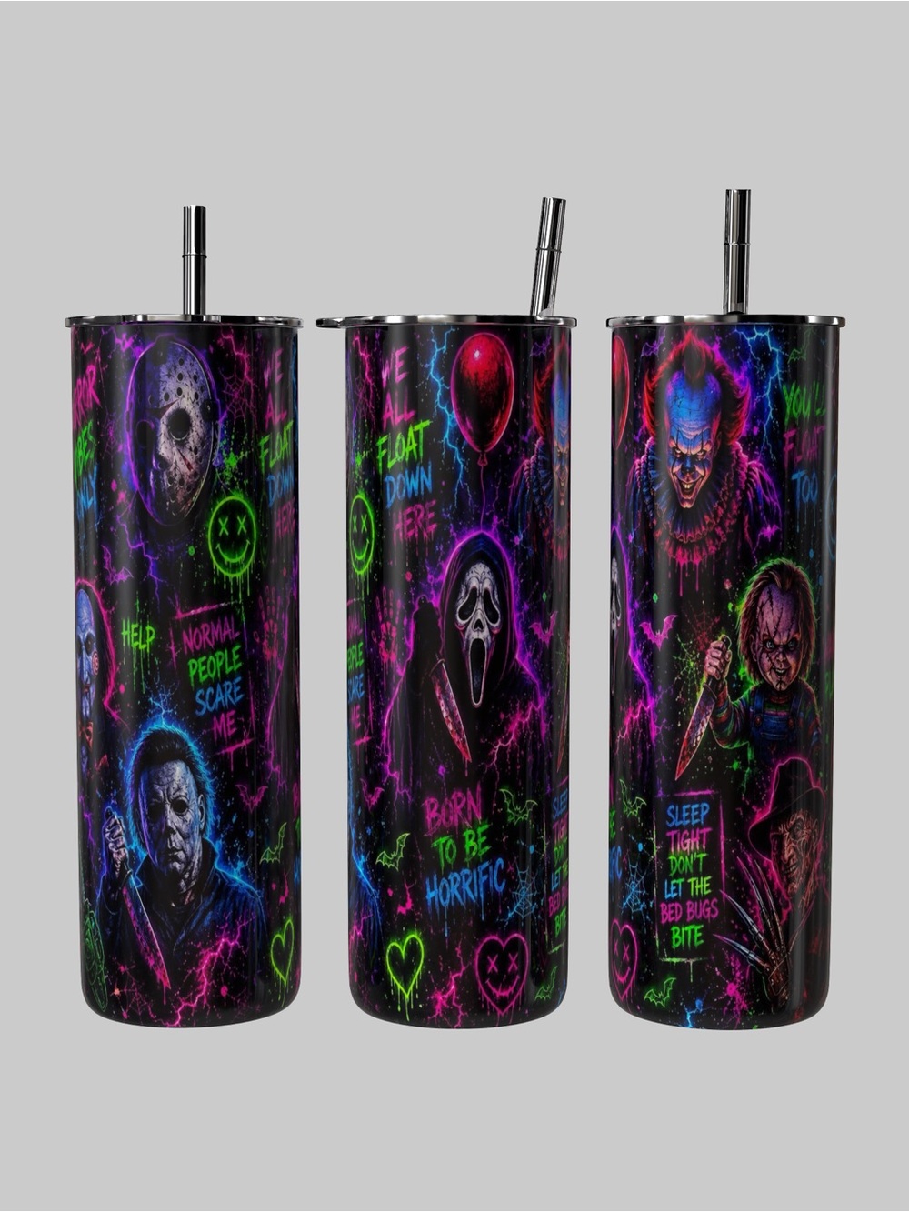 Neon Horror Characters We All Float 20oz Halloween Tumbler